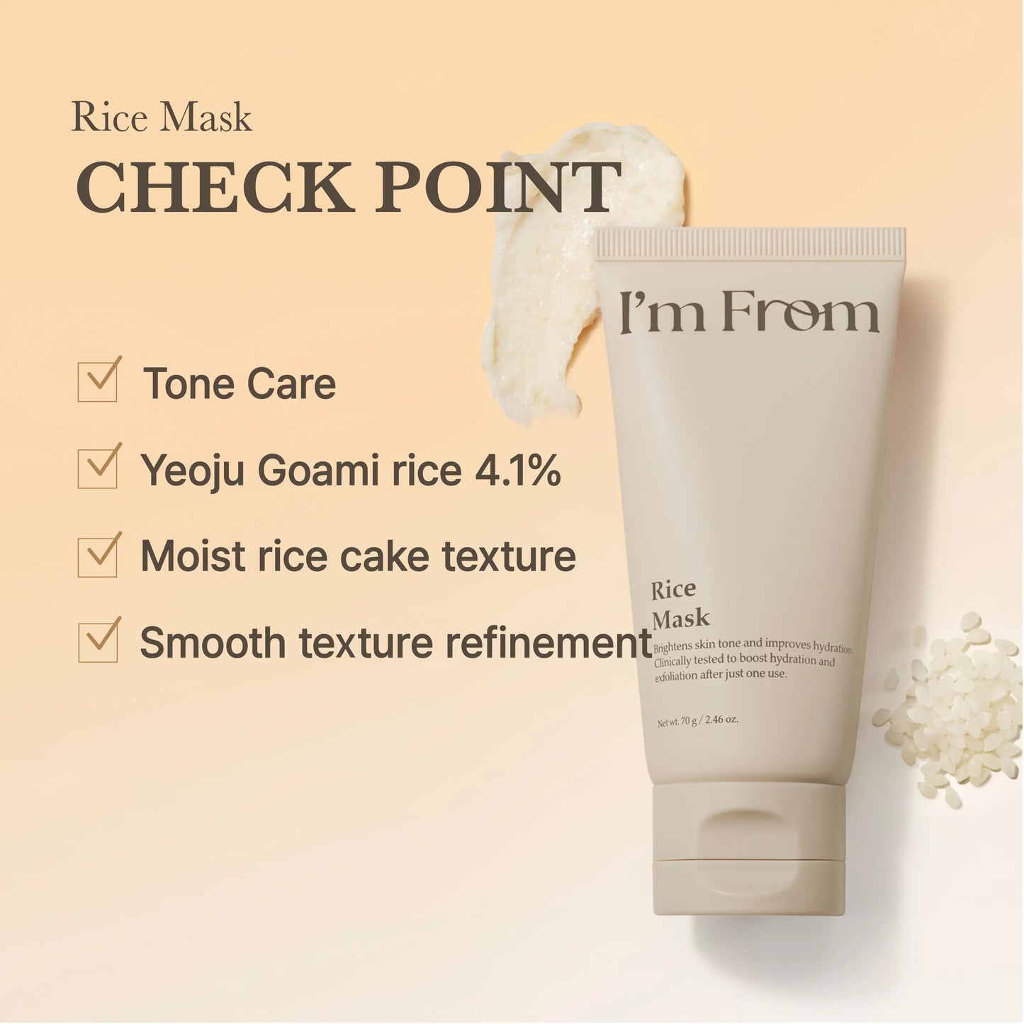 I'M from Rice Mask, Gentle Exfoliating & Hydrating Wash-Off Face Mask with Rice Powder for Glass Skin, Suitable for Sensitive Skin, 2.37 Fl Oz, Exfoliate, Organic, Moisture, Nourishing, Hypoallergenic Face Scrubs & Peels