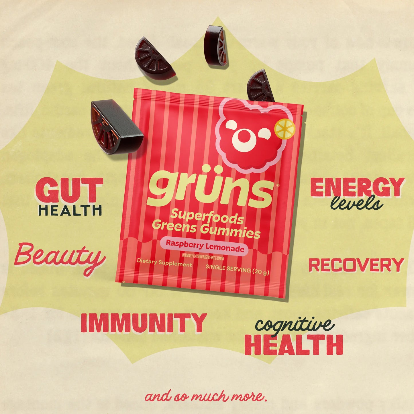 Grüns Raspberry Lemonade (Limited Edition) Superfood Gummies: Comprehensive Nutrition Supplement with 60+ Ingredients: Vitamins and Minerals, Prebiotics for Digestive Health, Adaptogens, Chlorophyll, Chlorella, Gluten Free, Vegan, Third Party Tested